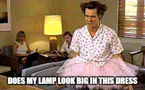 stop staring at my lamp.unless your into that kinda thing | DOES MY LAMP LOOK BIG IN THIS DRESS | image tagged in memes,jim carrey,funny memes,the most interesting man in the world,awkward moment sealion,first world problems | made w/ Imgflip meme maker