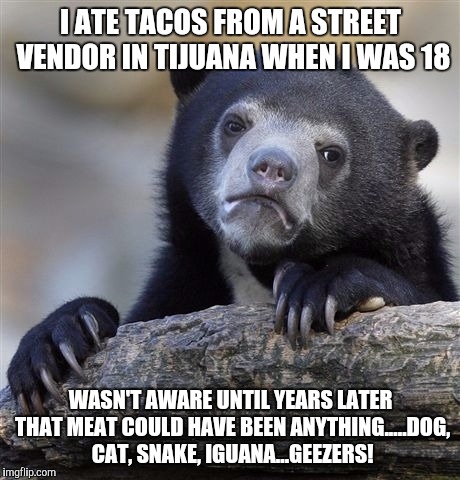 Confession Bear Meme | I ATE TACOS FROM A STREET VENDOR IN TIJUANA WHEN I WAS 18; WASN'T AWARE UNTIL YEARS LATER THAT MEAT COULD HAVE BEEN ANYTHING.....DOG, CAT, SNAKE, IGUANA...GEEZERS! | image tagged in memes,confession bear | made w/ Imgflip meme maker