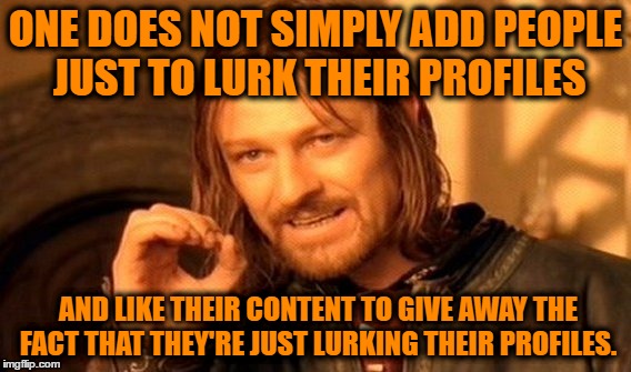 One Does Not Simply | ONE DOES NOT SIMPLY ADD PEOPLE JUST TO LURK THEIR PROFILES; AND LIKE THEIR CONTENT TO GIVE AWAY THE FACT THAT THEY'RE JUST LURKING THEIR PROFILES. | image tagged in memes,one does not simply | made w/ Imgflip meme maker