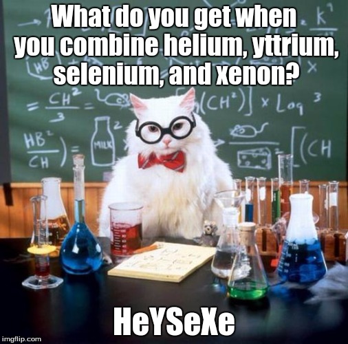 Chemistry Cat | What do you get when you combine helium, yttrium, selenium, and xenon? HeYSeXe | image tagged in memes,chemistry cat | made w/ Imgflip meme maker