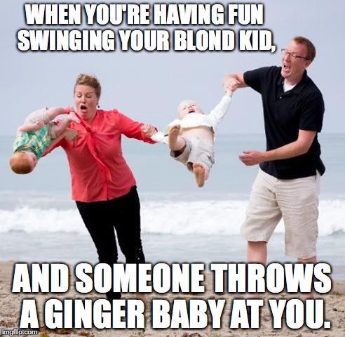 WHEN YOU'RE HAVING FUN SWINGING YOUR BLOND KID, AND SOMEONE THROWS A GINGER BABY AT YOU. | image tagged in ginger | made w/ Imgflip meme maker