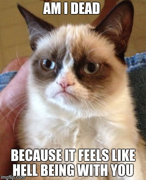 Grumpy cat give dating advice with a pick up line  | AM I DEAD; BECAUSE IT FEELS LIKE HELL BEING WITH YOU | image tagged in memes,grumpy cat,pickup lines | made w/ Imgflip meme maker