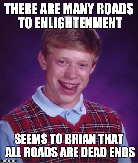 Dead ends | THERE ARE MANY ROADS TO ENLIGHTENMENT; SEEMS TO BRIAN THAT ALL ROADS ARE DEAD ENDS | image tagged in memes,bad luck brian | made w/ Imgflip meme maker