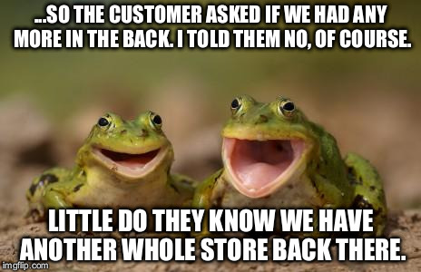 two happy frogs  | ...SO THE CUSTOMER ASKED IF WE HAD ANY MORE IN THE BACK. I TOLD THEM NO, OF COURSE. LITTLE DO THEY KNOW WE HAVE ANOTHER WHOLE STORE BACK THERE. | image tagged in two happy frogs | made w/ Imgflip meme maker