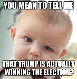 I feel you... | YOU MEAN TO TELL ME; THAT TRUMP IS ACTUALLY WINNING THE ELECTION? | image tagged in memes,skeptical baby,donald trump | made w/ Imgflip meme maker