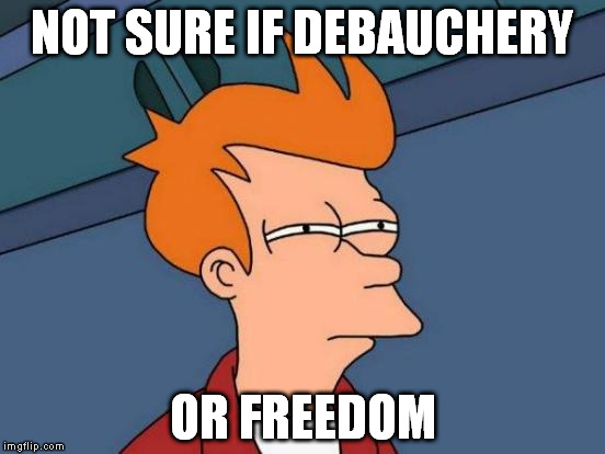 Futurama Fry | NOT SURE IF DEBAUCHERY; OR FREEDOM | image tagged in memes,futurama fry | made w/ Imgflip meme maker