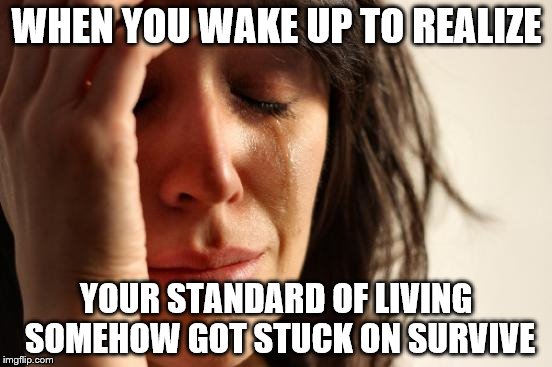 First World Problems | WHEN YOU WAKE UP TO REALIZE; YOUR STANDARD OF LIVING SOMEHOW GOT STUCK ON SURVIVE | image tagged in memes,first world problems | made w/ Imgflip meme maker