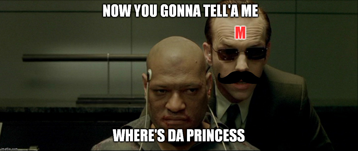 I knew Mario would snap after years of searching. | NOW YOU GONNA TELL'A ME; M; WHERE'S DA PRINCESS | image tagged in memes,smith and morpheus | made w/ Imgflip meme maker