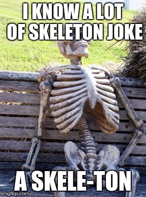 Waiting Skeleton | I KNOW A LOT OF SKELETON JOKE; A SKELE-TON | image tagged in memes,waiting skeleton | made w/ Imgflip meme maker