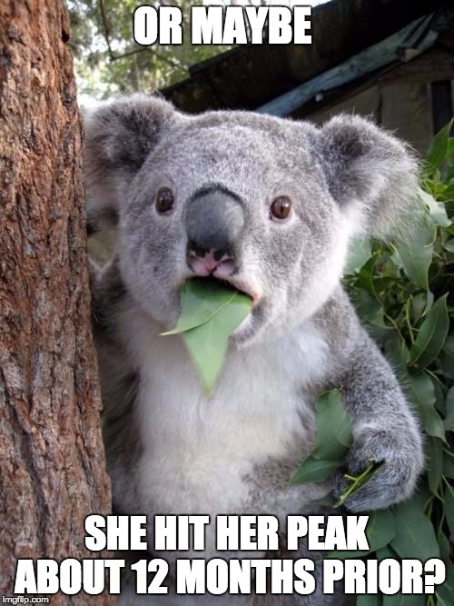 WTF Koala | OR MAYBE SHE HIT HER PEAK ABOUT 12 MONTHS PRIOR? | image tagged in wtf koala | made w/ Imgflip meme maker