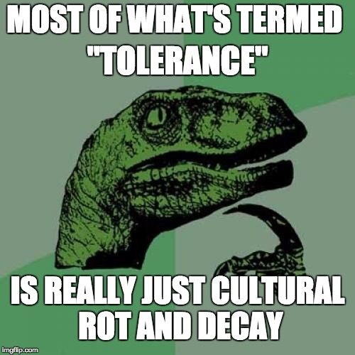 Philosoraptor | "TOLERANCE"; MOST OF WHAT'S TERMED; IS REALLY JUST CULTURAL ROT AND DECAY | image tagged in memes,philosoraptor | made w/ Imgflip meme maker