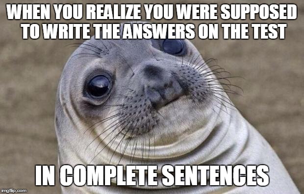 Awkward Moment Sealion | WHEN YOU REALIZE YOU WERE SUPPOSED TO WRITE THE ANSWERS ON THE TEST; IN COMPLETE SENTENCES | image tagged in memes,awkward moment sealion | made w/ Imgflip meme maker