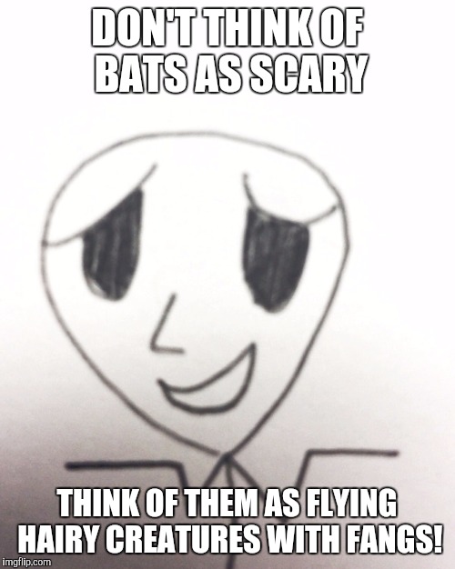 Unhelpful Optimistic Man | DON'T THINK OF BATS AS SCARY; THINK OF THEM AS FLYING HAIRY CREATURES WITH FANGS! | image tagged in unhelpful optimistic man | made w/ Imgflip meme maker