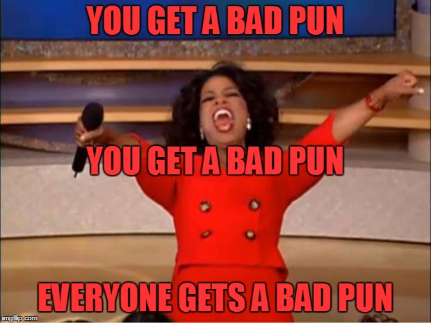 Oprah You Get A | YOU GET A BAD PUN; YOU GET A BAD PUN; EVERYONE GETS A BAD PUN | image tagged in memes,oprah you get a | made w/ Imgflip meme maker