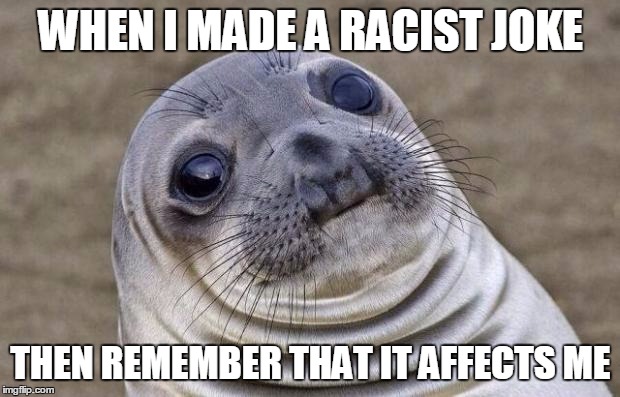 Awkward Moment Sealion | WHEN I MADE A RACIST JOKE; THEN REMEMBER THAT IT AFFECTS ME | image tagged in memes,awkward moment sealion | made w/ Imgflip meme maker