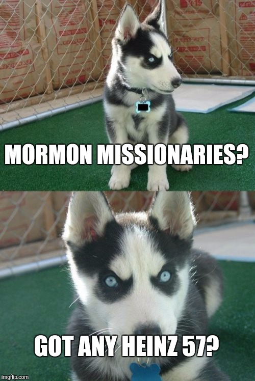 Insanity Puppy | MORMON MISSIONARIES? GOT ANY HEINZ 57? | image tagged in memes,insanity puppy | made w/ Imgflip meme maker