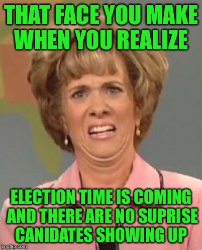 Come on Raydog it's never too late to start campaigning!  | THAT FACE YOU MAKE WHEN YOU REALIZE; ELECTION TIME IS COMING AND THERE ARE NO SUPRISE CANIDATES SHOWING UP | image tagged in that face you make when ugh,presidential race,raydog for president | made w/ Imgflip meme maker
