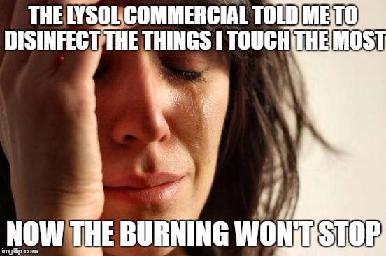 seemed like a good idea | THE LYSOL COMMERCIAL TOLD ME TO DISINFECT THE THINGS I TOUCH THE MOST; NOW THE BURNING WON'T STOP | image tagged in memes,first world problems | made w/ Imgflip meme maker