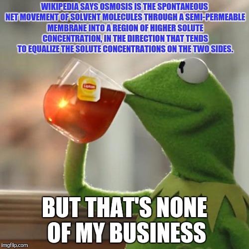 But That's None Of My Business | WIKIPEDIA SAYS OSMOSIS IS THE SPONTANEOUS NET MOVEMENT OF SOLVENT MOLECULES THROUGH A SEMI-PERMEABLE MEMBRANE INTO A REGION OF HIGHER SOLUTE CONCENTRATION, IN THE DIRECTION THAT TENDS TO EQUALIZE THE SOLUTE CONCENTRATIONS ON THE TWO SIDES. BUT THAT'S NONE OF MY BUSINESS | image tagged in memes,but thats none of my business,kermit the frog | made w/ Imgflip meme maker