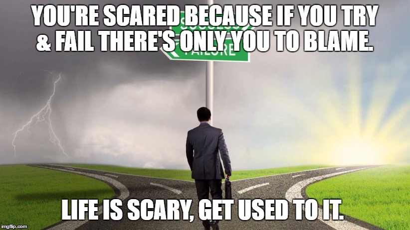 YOU'RE SCARED BECAUSE IF YOU TRY & FAIL THERE'S ONLY YOU TO BLAME. LIFE IS SCARY, GET USED TO IT. | image tagged in life | made w/ Imgflip meme maker