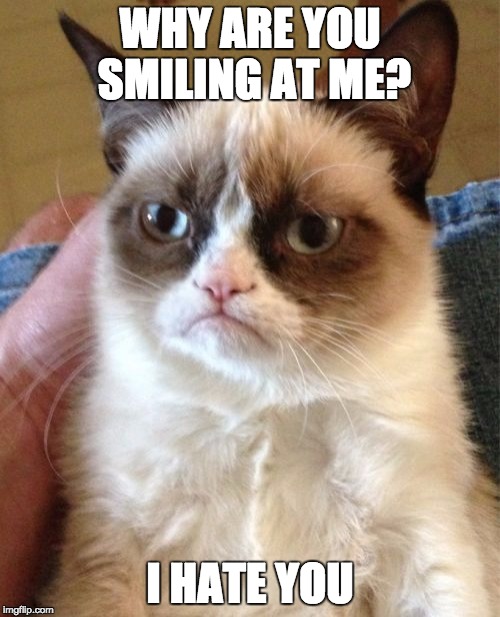 Grumpy Cat Meme | WHY ARE YOU SMILING AT ME? I HATE YOU | image tagged in memes,grumpy cat | made w/ Imgflip meme maker