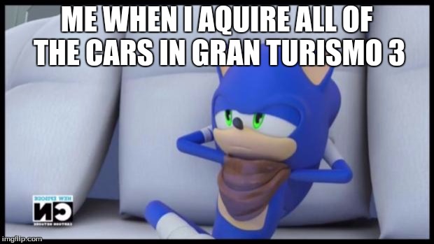 Sonic Doesn't Care | ME WHEN I AQUIRE ALL OF THE CARS IN GRAN TURISMO 3 | image tagged in sonic doesn't care | made w/ Imgflip meme maker
