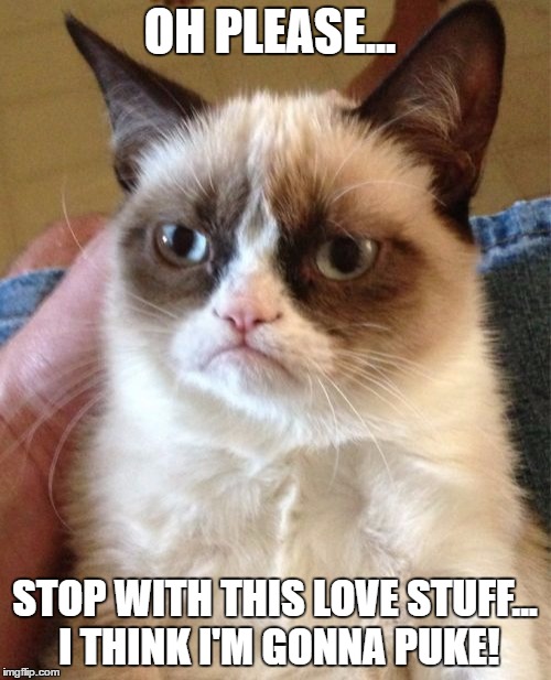 Grumpy Cat Meme | OH PLEASE... STOP WITH THIS LOVE STUFF... I THINK I'M GONNA PUKE! | image tagged in memes,grumpy cat | made w/ Imgflip meme maker
