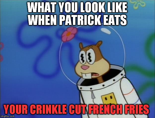 All eyes on the fries!!! | WHAT YOU LOOK LIKE WHEN PATRICK EATS; YOUR CRINKLE CUT FRENCH FRIES | image tagged in sandy cheeks peeved,all eyes on the fries | made w/ Imgflip meme maker