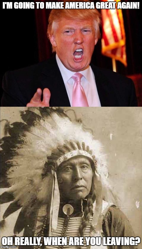 Donald Trump and Native American | I'M GOING TO MAKE AMERICA GREAT AGAIN! OH REALLY, WHEN ARE YOU LEAVING? | image tagged in donald trump and native american | made w/ Imgflip meme maker