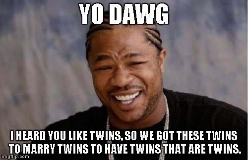 Yo Dawg Heard You Meme | YO DAWG; I HEARD YOU LIKE TWINS, SO WE GOT THESE TWINS TO MARRY TWINS TO HAVE TWINS THAT ARE TWINS. | image tagged in memes,yo dawg heard you | made w/ Imgflip meme maker