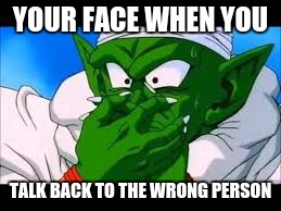 YOUR FACE WHEN YOU; TALK BACK TO THE WRONG PERSON | image tagged in piccolo,dragonball,your face when | made w/ Imgflip meme maker