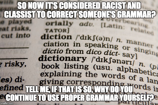 Progressive Liberal Hypocrisy.  Grammar Nazis, rejoice! | SO NOW IT'S CONSIDERED RACIST AND CLASSIST TO CORRECT SOMEONE'S GRAMMAR? TELL ME, IF THAT IS SO, WHY DO YOU CONTINUE TO USE PROPER GRAMMAR YOURSELF? | image tagged in political correctness,dictionary | made w/ Imgflip meme maker