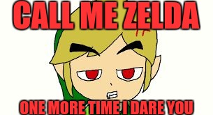 CALL ME ZELDA; ONE MORE TIME I DARE YOU | image tagged in angry link,link,legend of zelda | made w/ Imgflip meme maker