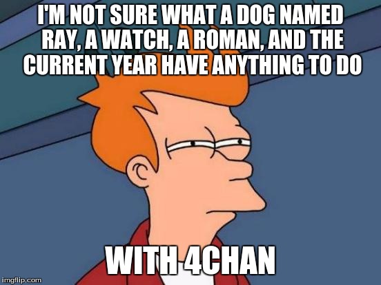 Futurama Fry Meme | I'M NOT SURE WHAT A DOG NAMED RAY, A WATCH, A ROMAN, AND THE CURRENT YEAR HAVE ANYTHING TO DO WITH 4CHAN | image tagged in memes,futurama fry | made w/ Imgflip meme maker