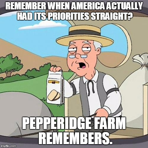Pepperidge Farm Remembers |  REMEMBER WHEN AMERICA ACTUALLY HAD ITS PRIORITIES STRAIGHT? PEPPERIDGE FARM REMEMBERS. | image tagged in memes,pepperidge farm remembers | made w/ Imgflip meme maker