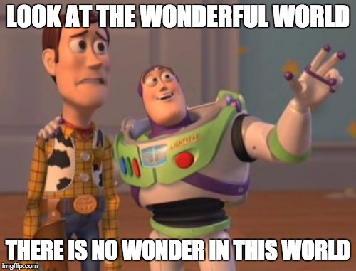 X, X Everywhere Meme | LOOK AT THE WONDERFUL WORLD; THERE IS NO WONDER IN THIS WORLD | image tagged in memes,x x everywhere | made w/ Imgflip meme maker