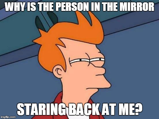 Futurama Fry | WHY IS THE PERSON IN THE MIRROR; STARING BACK AT ME? | image tagged in memes,futurama fry | made w/ Imgflip meme maker