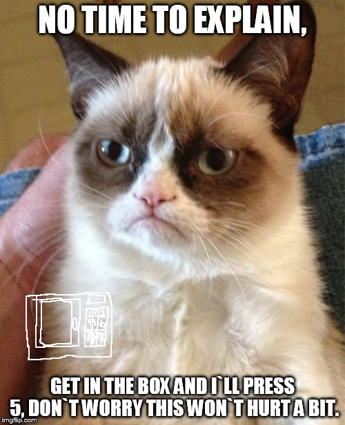 Grumpy Cat | NO TIME TO EXPLAIN, GET IN THE BOX AND I`LL PRESS 5, DON`T WORRY THIS WON`T HURT A BIT. | image tagged in memes,grumpy cat | made w/ Imgflip meme maker