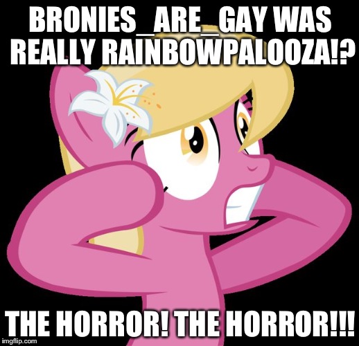 MLP: Lily's Horror | BRONIES_ARE_GAY WAS REALLY RAINBOWPALOOZA!? THE HORROR! THE HORROR!!! | image tagged in mlp lily's horror | made w/ Imgflip meme maker