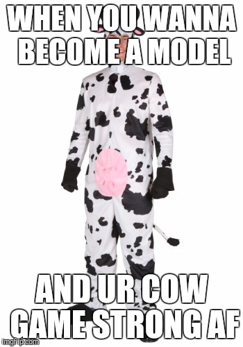 IM BACK! FRESH MEMES EVERY TUES. |  WHEN YOU WANNA BECOME A MODEL; AND UR COW GAME STRONG AF | image tagged in cow model,dank,memes,raydog,awesome,bad luck brian | made w/ Imgflip meme maker