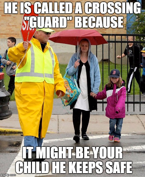 STEPPING UP FOR SLOWING DOWN | HE IS CALLED A CROSSING "GUARD" BECAUSE IT MIGHT BE YOUR CHILD HE KEEPS SAFE | image tagged in crossing guard,traffic | made w/ Imgflip meme maker