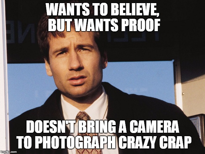 Makes sense, right? | WANTS TO BELIEVE, BUT WANTS PROOF; DOESN'T BRING A CAMERA TO PHOTOGRAPH CRAZY CRAP | image tagged in x files,logic,mulder | made w/ Imgflip meme maker