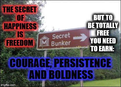SecretBunker | BUT TO BE TOTALLY FREE YOU NEED TO EARN:; THE SECRET OF HAPPINESS IS FREEDOM; COURAGE, PERSISTENCE AND BOLDNESS | image tagged in secretbunker | made w/ Imgflip meme maker