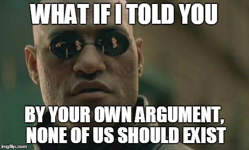 Matrix Morpheus Meme | WHAT IF I TOLD YOU BY YOUR OWN ARGUMENT, NONE OF US SHOULD EXIST | image tagged in memes,matrix morpheus | made w/ Imgflip meme maker