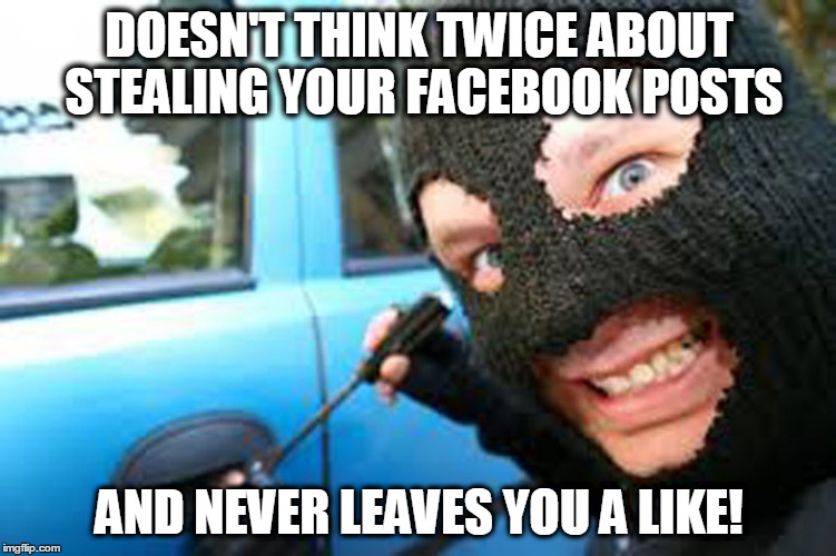 Thief | DOESN'T THINK TWICE ABOUT STEALING YOUR FACEBOOK POSTS; AND NEVER LEAVES YOU A LIKE! | image tagged in thief | made w/ Imgflip meme maker