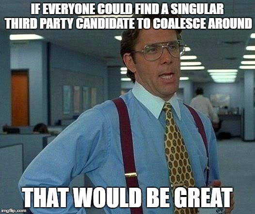 Abe Lincoln won third party, maybe someone else will this year | IF EVERYONE COULD FIND A SINGULAR THIRD PARTY CANDIDATE TO COALESCE AROUND; THAT WOULD BE GREAT | image tagged in memes,that would be great,politics | made w/ Imgflip meme maker