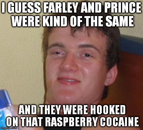 10 Guy Meme | I GUESS FARLEY AND PRINCE WERE KIND OF THE SAME AND THEY WERE HOOKED ON THAT RASPBERRY COCAINE | image tagged in memes,10 guy | made w/ Imgflip meme maker