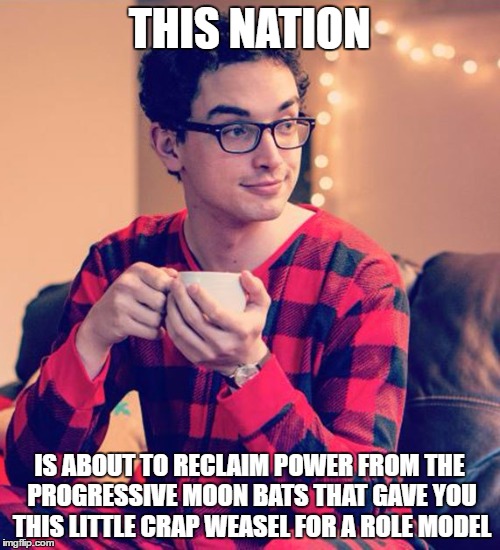 THIS NATION IS ABOUT TO RECLAIM POWER FROM THE PROGRESSIVE MOON BATS THAT GAVE YOU THIS LITTLE CRAP WEASEL FOR A ROLE MODEL | made w/ Imgflip meme maker