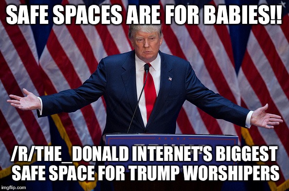 Donald Trump | SAFE SPACES ARE FOR BABIES!! /R/THE_DONALD INTERNET'S BIGGEST SAFE SPACE FOR TRUMP WORSHIPERS | image tagged in donald trump | made w/ Imgflip meme maker