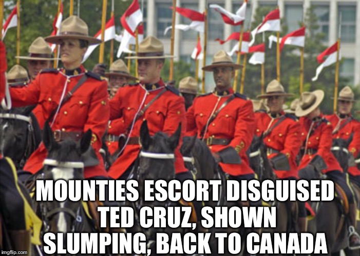 CANADIAN MOUNTED POLICE | MOUNTIES ESCORT DISGUISED TED CRUZ, SHOWN SLUMPING, BACK TO CANADA | image tagged in ted cruz | made w/ Imgflip meme maker